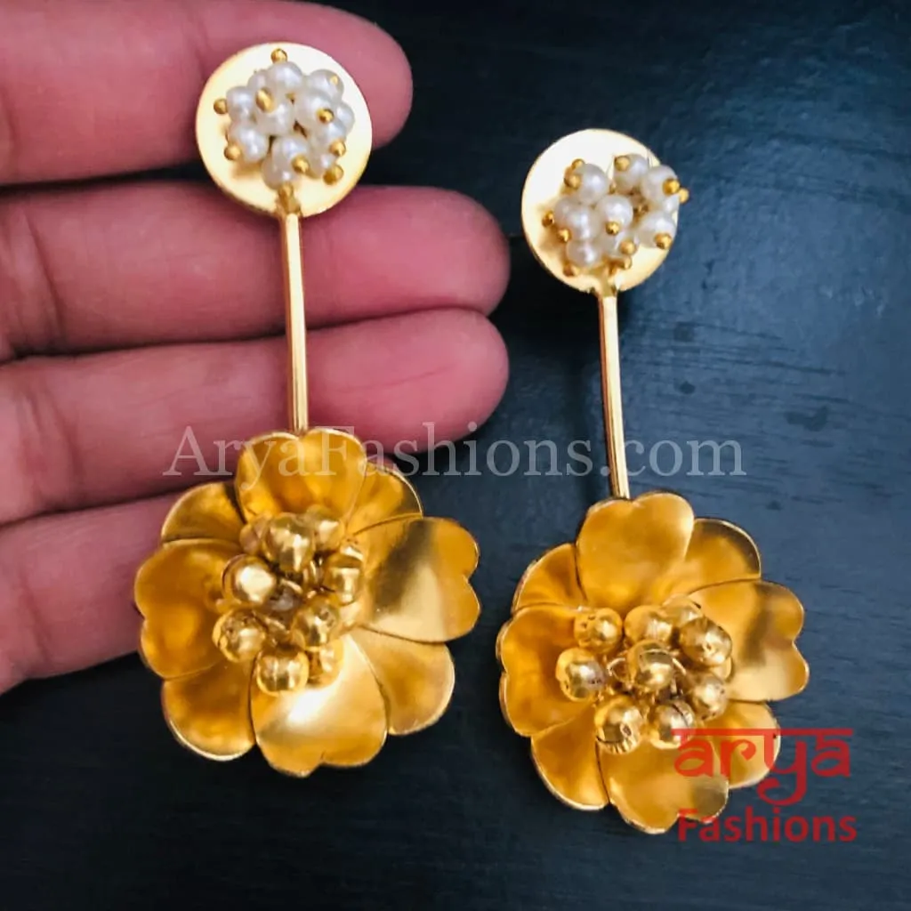 Sheena Matte Gold Pearl Long Party Earrings with Ghungroo beads