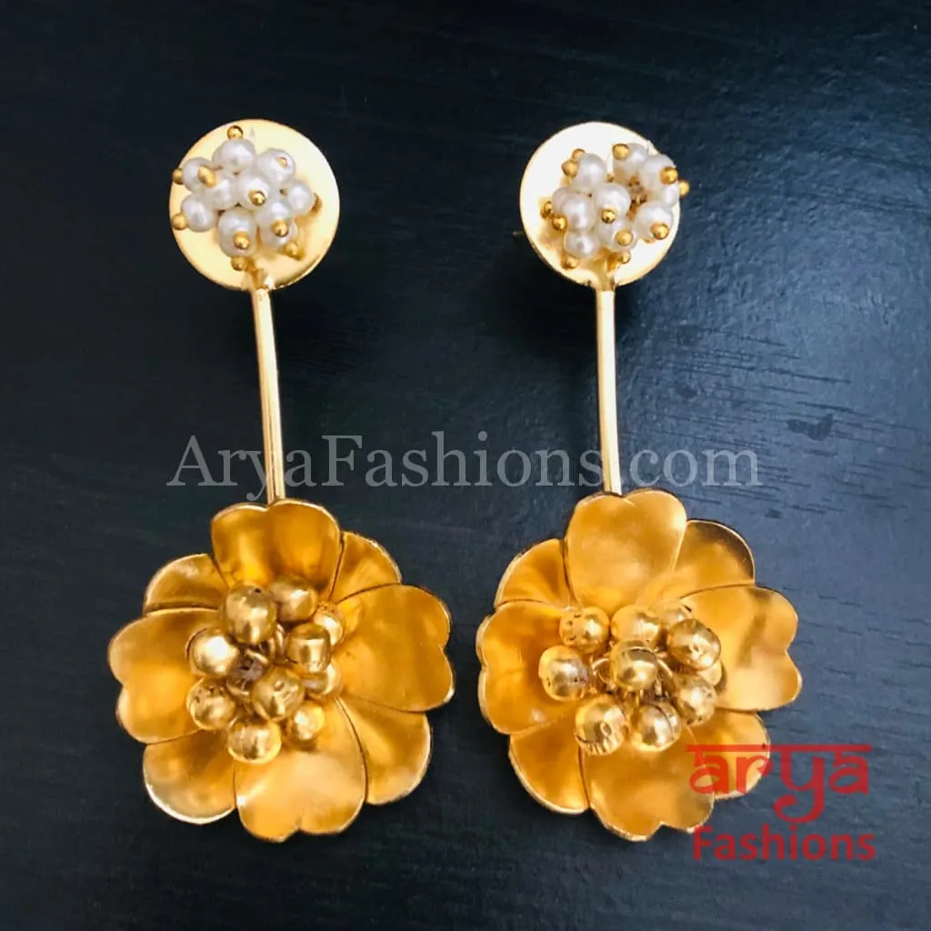Sheena Matte Gold Pearl Long Party Earrings with Ghungroo beads