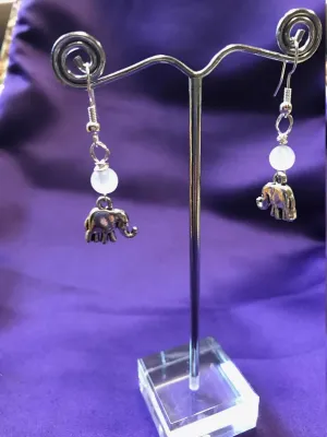 Silver Elephant Earrings with Clear Quartz Bead