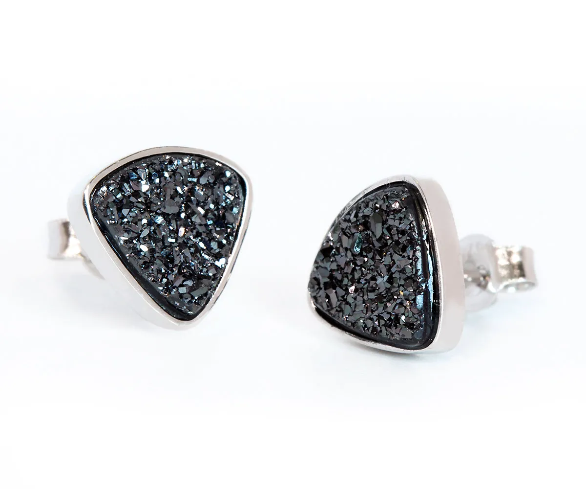 Small Triangle Black Druzy Stud Earrings