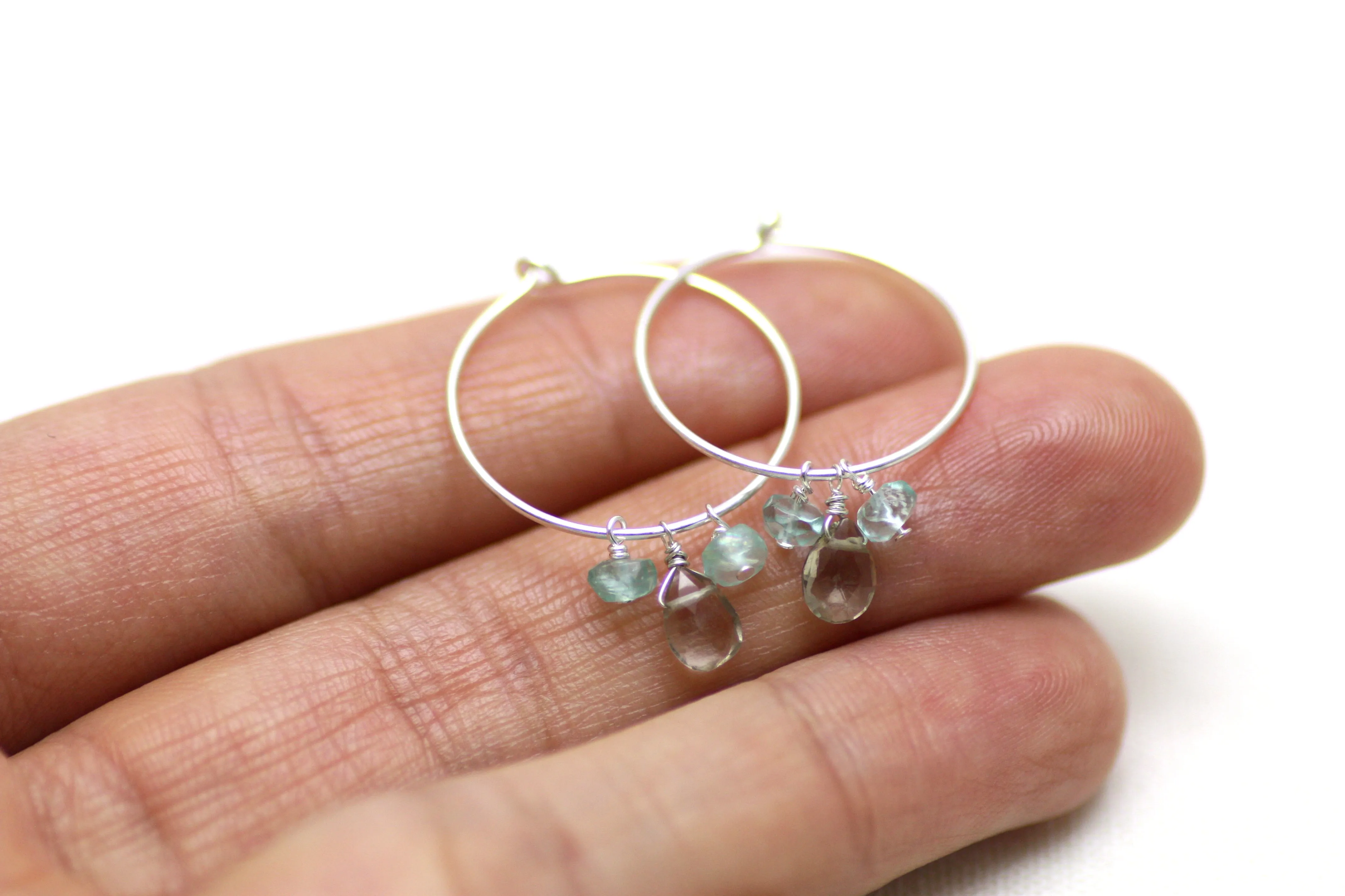 Smoky Quartz and Blue Apatite Hoop Earrings in Silver