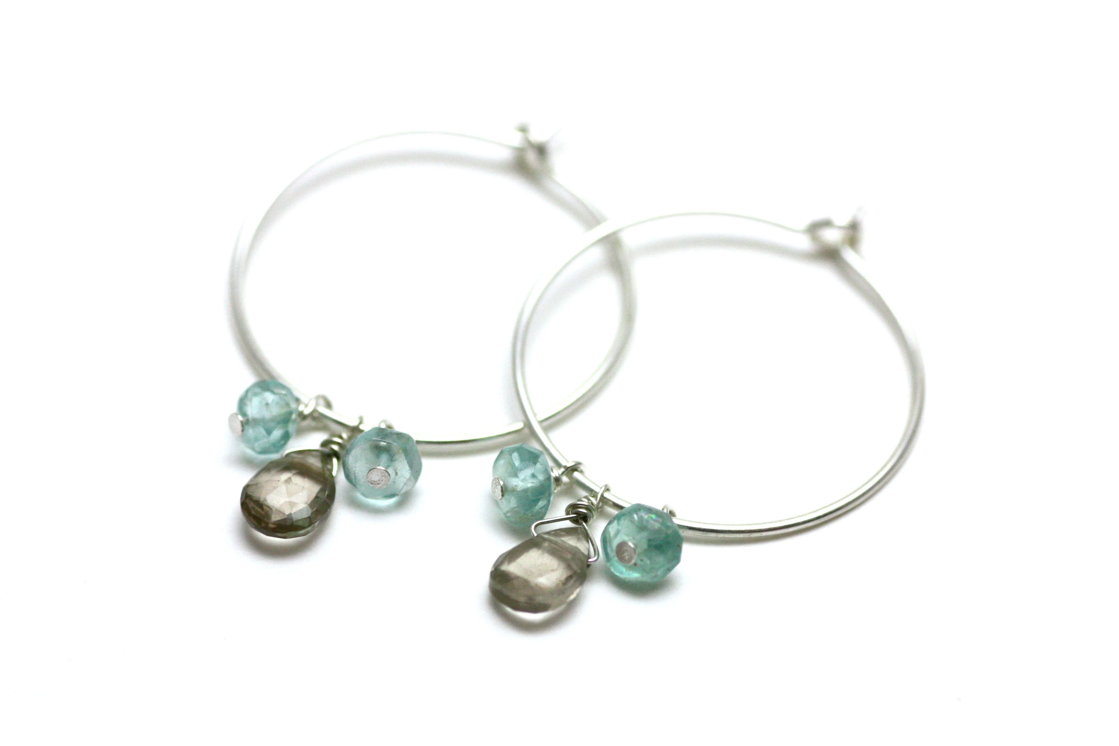 Smoky Quartz and Blue Apatite Hoop Earrings in Silver