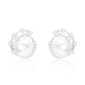 Stella cultured freshwater pearl stud earrings with silver sparkle swirl