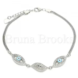 Sterling Silver 03.286.0010.07 Fancy Bracelet, Greek Eye Design, with White Micro Pave and White Cubic Zirconia, Turquoise Enamel Finish, Rhodium Tone