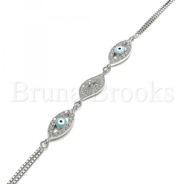 Sterling Silver 03.286.0010.07 Fancy Bracelet, Greek Eye Design, with White Micro Pave and White Cubic Zirconia, Turquoise Enamel Finish, Rhodium Tone