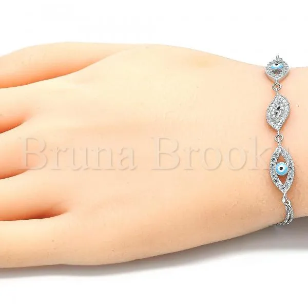 Sterling Silver 03.286.0010.07 Fancy Bracelet, Greek Eye Design, with White Micro Pave and White Cubic Zirconia, Turquoise Enamel Finish, Rhodium Tone