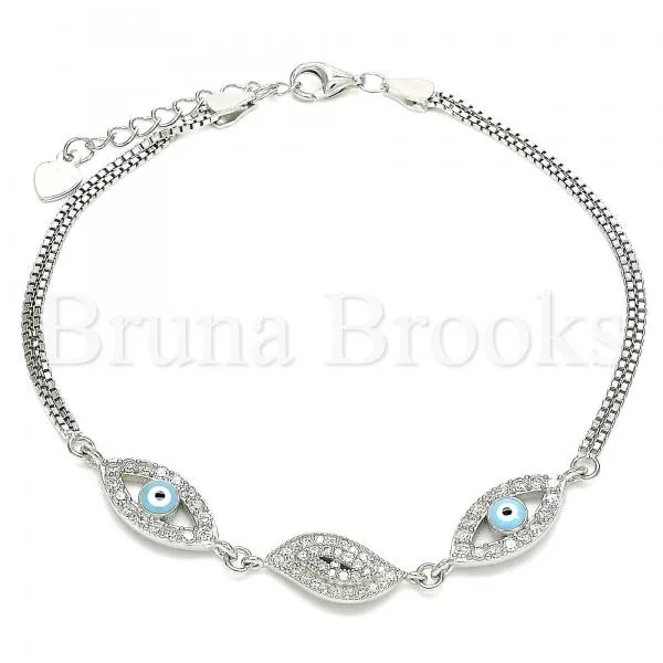 Sterling Silver 03.286.0010.07 Fancy Bracelet, Greek Eye Design, with White Micro Pave and White Cubic Zirconia, Turquoise Enamel Finish, Rhodium Tone