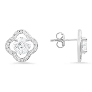 Sterling Silver Cushion-cut Flower CZ Stud Earrings