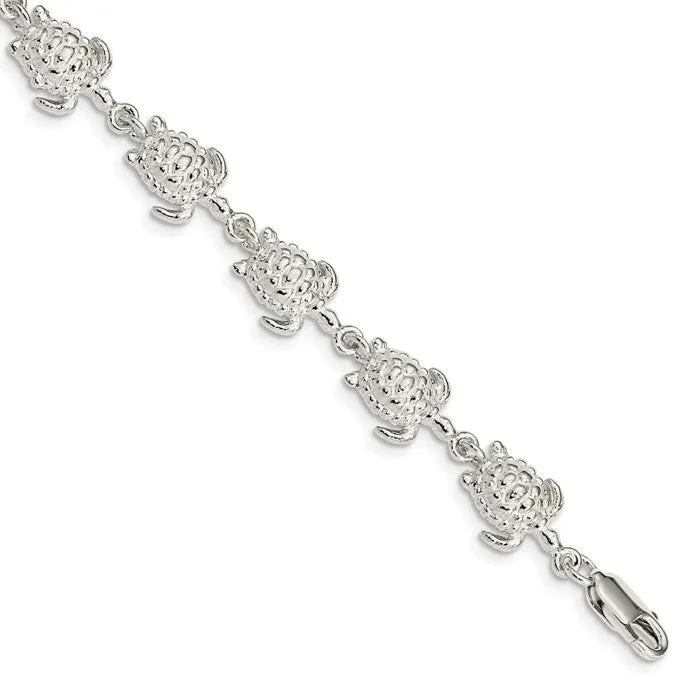 Sterling Silver Sea Turtle Link 7" Bracelet