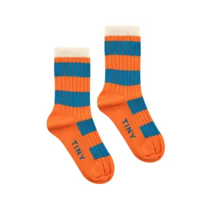 TINYCOTTONS - Big Stripes Medium Socks - Tangerine & Lapis Blue