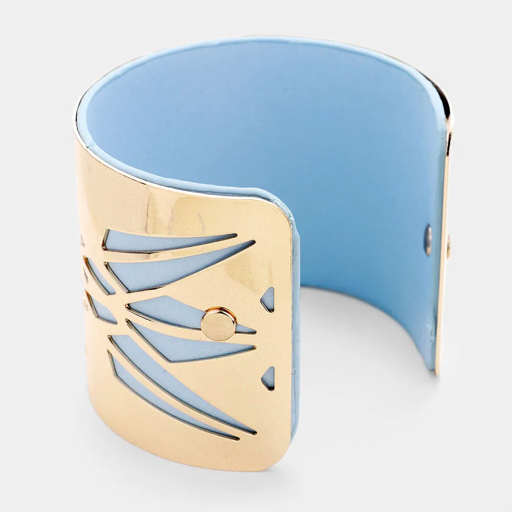 Vegan Leather GEOMETRIC Laser Cut Filigree Cuff Bracelet Blue