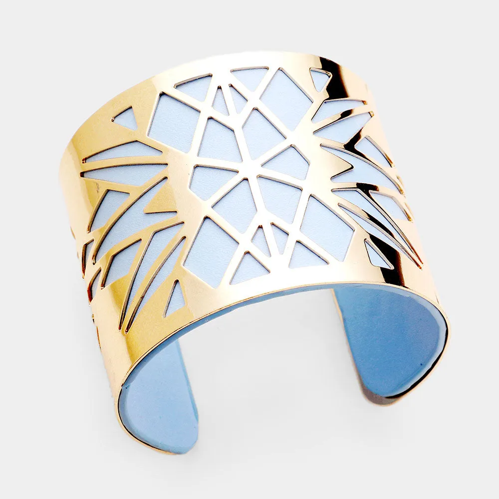 Vegan Leather GEOMETRIC Laser Cut Filigree Cuff Bracelet Blue