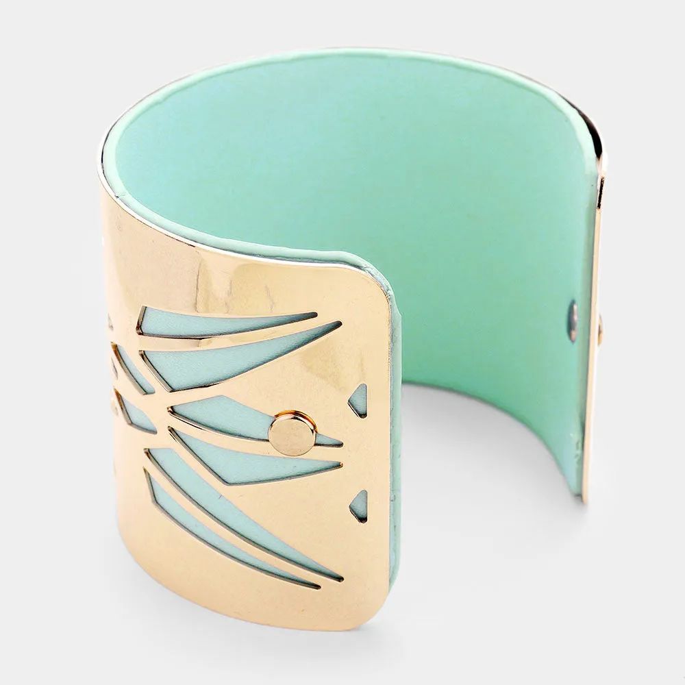 Vegan Leather GEOMETRIC Laser Cut Filigree Cuff Bracelet Green