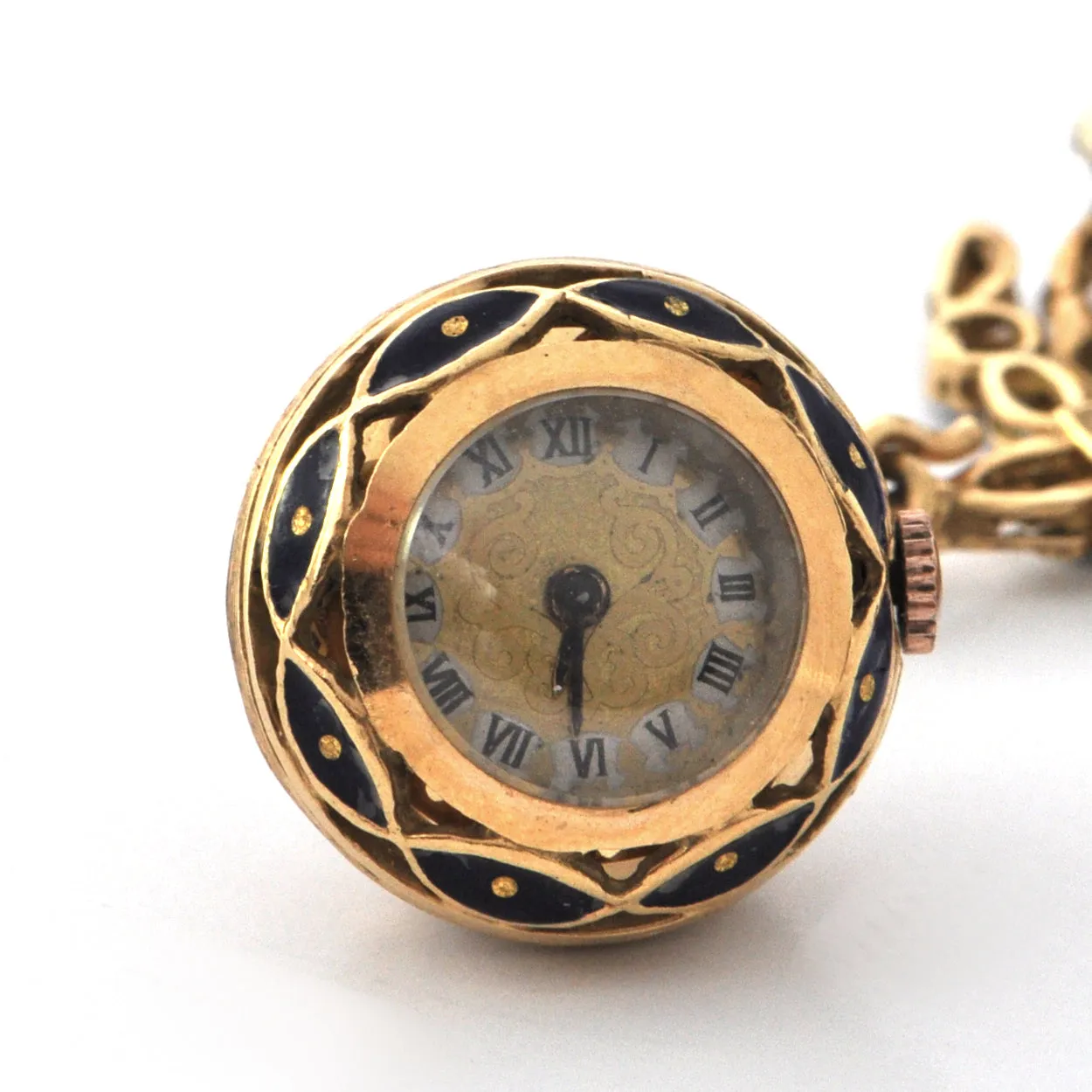 Vintage 18K Gold & Enamel Ball Watch Brooch