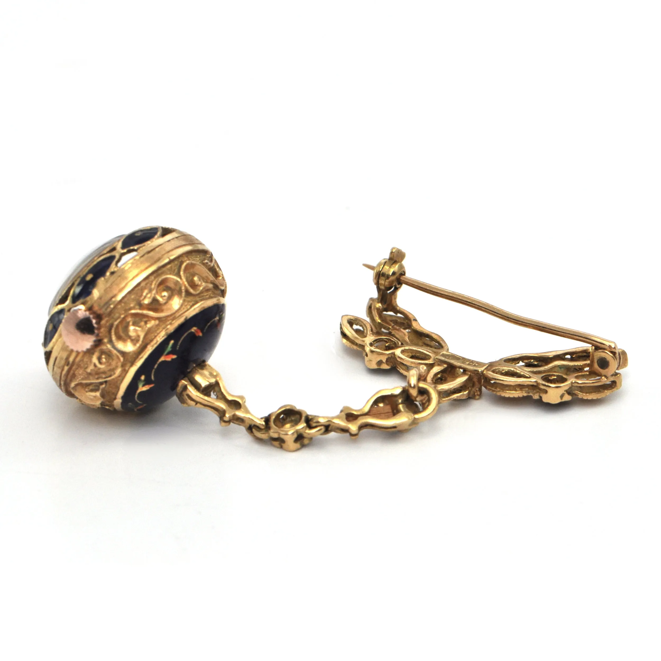 Vintage 18K Gold & Enamel Ball Watch Brooch