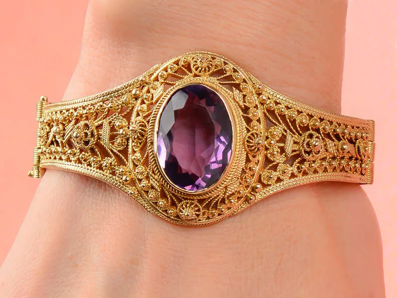 Vintage Filigree Amethyst & Vermeil Bangle