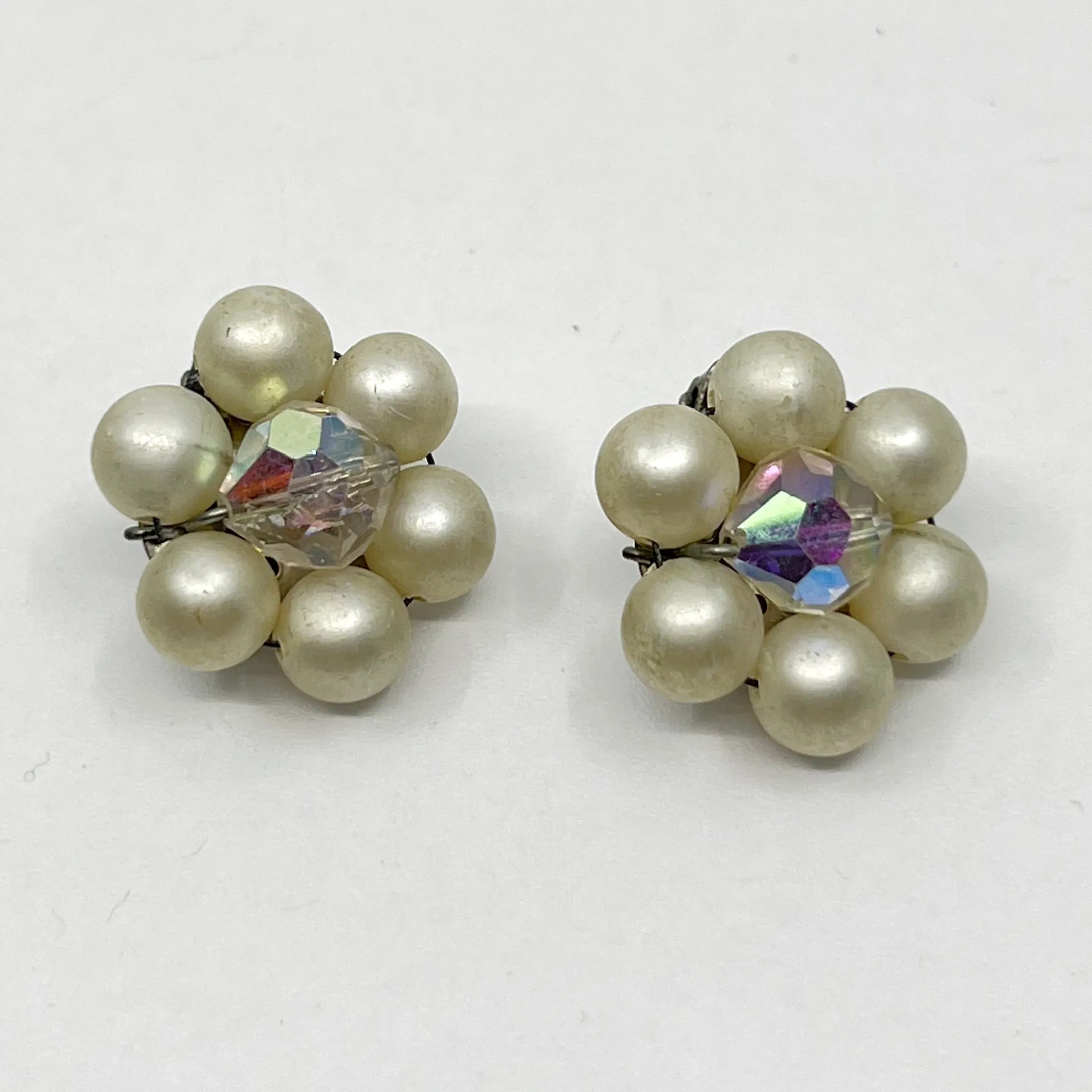 Vintage pearl & aurora borealis crystal clip on earrings